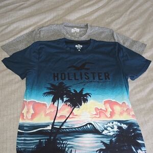 Hollister Blue Beach Scene and Solid Gray T-Shirt Duo